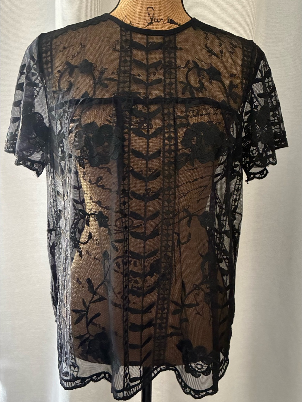 Merona Black Floral Lace Overlay Top